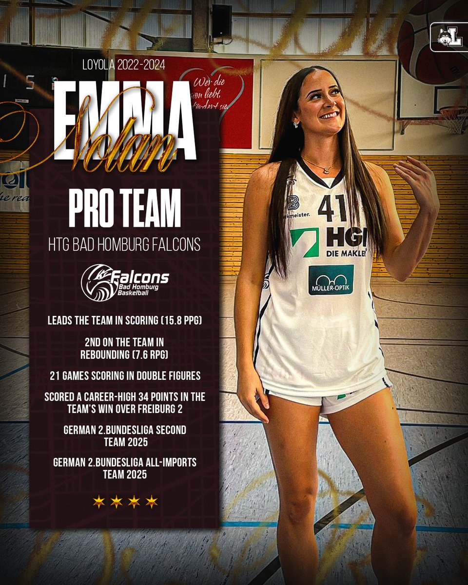 RamblersWBB's tweet image. Emma Nolan has been ballin' overseas 👀
Check out what one of the Bundesliga 2's best accomplished after her rookie season with the HTG Bad Homburg Falcons! 𓅃