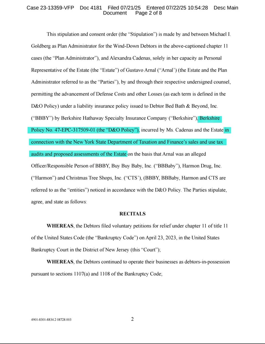 BobbyCat42's tweet image. The advancement of defense costs under the Berkshire Hathaway D&O poilcy for the estate of Gustavo Arnal in connection with sales and use tax audits by the New York State Department of Taxation and Finance (or the New York tax matters) has been ordered
The policy covers up to…