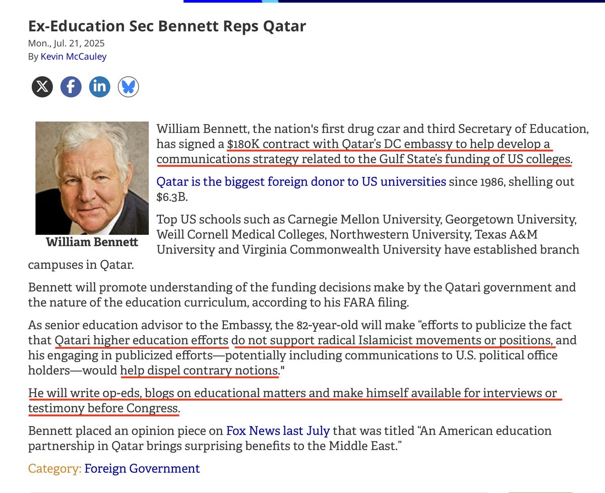 AynReagan's tweet image. Qatar is buying the conservative movement. Whore by whore. The evidence began mounting after a whiff of anti-Semitism arrived within a movement previously publicly devoid of it. Then the stench intensified. And now more skunks are crawling into public view. Bill Bennett. Pity.