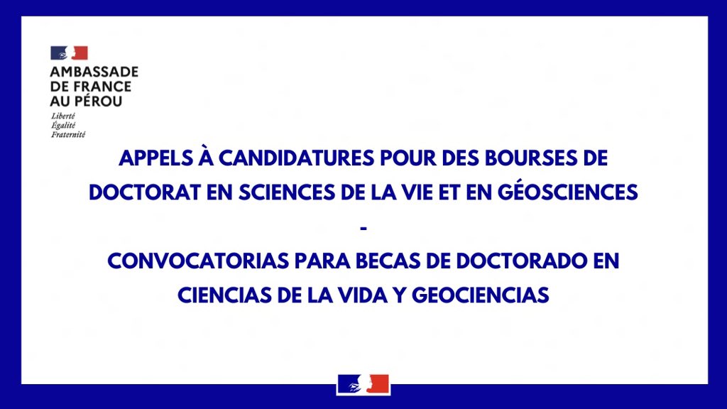 #Convocatoria

En el marco de las Escuelas doctorales franco-peruanas en ciencia de la vida (EDFPCV) y geociencias (EDFPCIG), se abren varias convocatorias de postulación a becas de estudios doctorales.

 👇
pe.ambafrance.org/Convocatorias-…

#franciaenperú