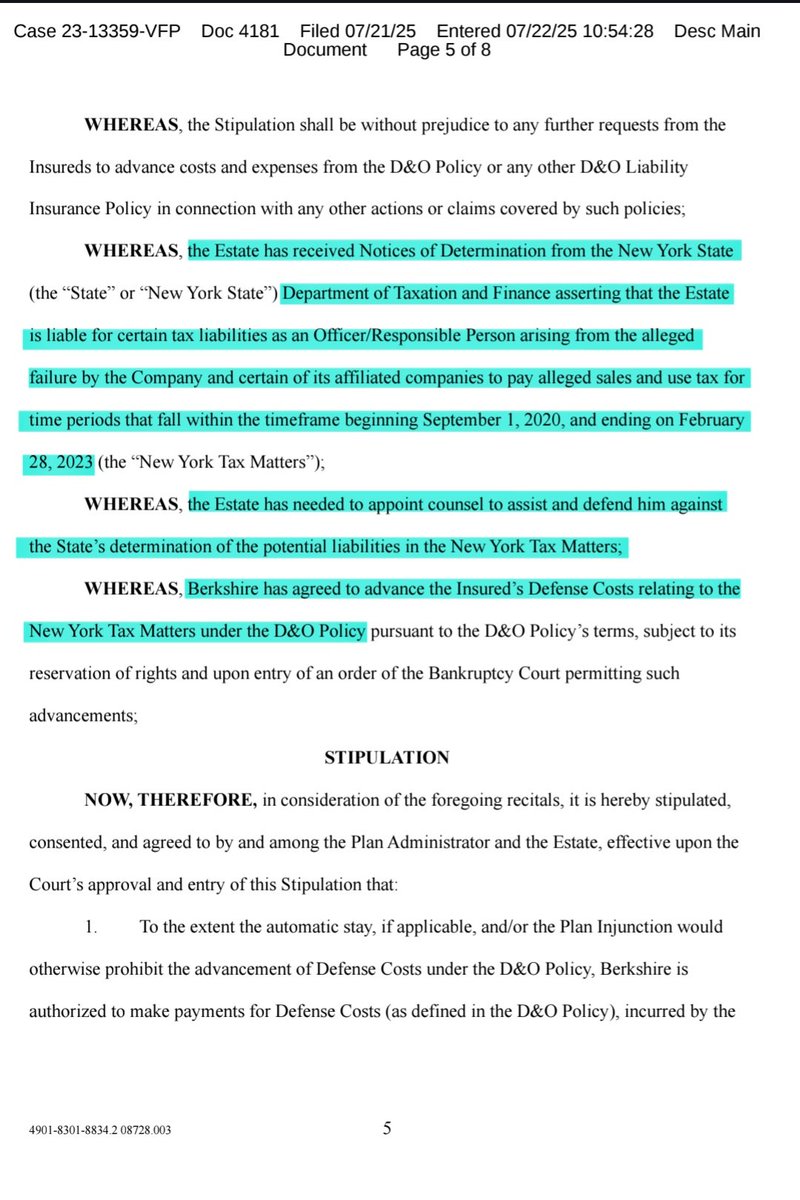 BobbyCat42's tweet image. The advancement of defense costs under the Berkshire Hathaway D&O poilcy for the estate of Gustavo Arnal in connection with sales and use tax audits by the New York State Department of Taxation and Finance (or the New York tax matters) has been ordered
The policy covers up to…