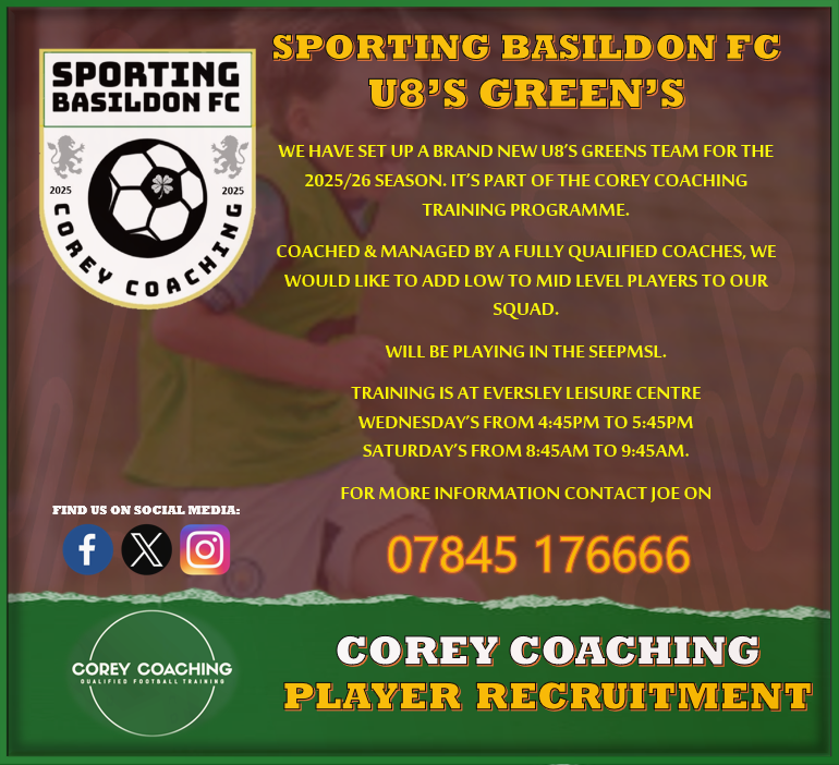 Sporting Basildon FC (@s_basildon_fc) on Twitter photo 🌟 U8's GREEN's PLAYER RECRUITMENT🌟
Our new U8's Green's are looking to add to the squad ahead of the 2025/26 season.
They will be competing in the SEEPMSL.
For more information contact - 07845 176666
⚽️🟥🟩
#SBFC #sportingbasildonfc #squadbooster <a href="/Corey_Coaching/">Corey Coaching</a> 🌟 U8's GREEN's PLAYER RECRUITMENT🌟
Our new U8's Green's are looking to add to the squad ahead of the 2025/26 season.
They will be competing in the SEEPMSL.
For more information contact - 07845 176666
⚽️🟥🟩
#SBFC #sportingbasildonfc #squadbooster <a href="/Corey_Coaching/">Corey Coaching</a>