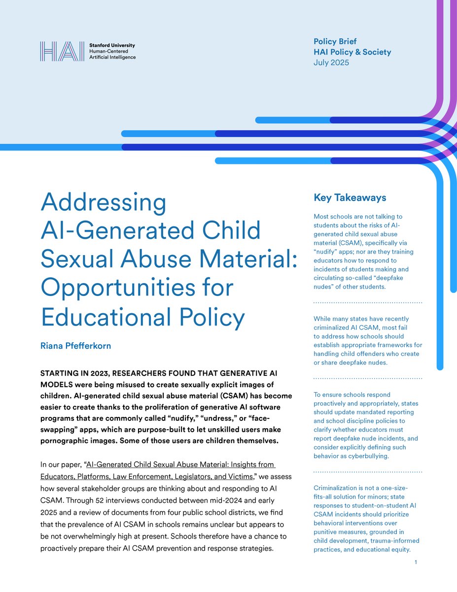 StanfordHAI's tweet image. 📢 NEW: Our latest brief explores student misuse of AI-powered “nudify” apps to create child sexual abuse material and highlights gaps in school response and policy. hai.stanford.edu/policy/address…