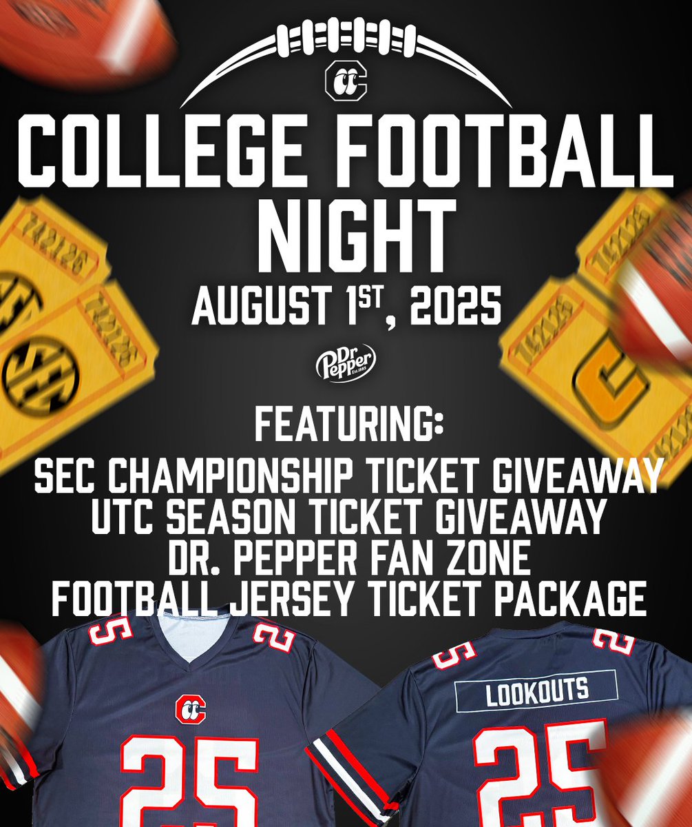 ChattLookouts's tweet image. Suit up, Scenic City! 🏈
Join your Lookouts on Friday, Aug 1, for College Football Night presented by Dr. Pepper! Fans can enter a chance to win SEC Championship tickets & UTC Football Season Tickets.
Exclusive Lookouts Football Jersey only available through this ticket…