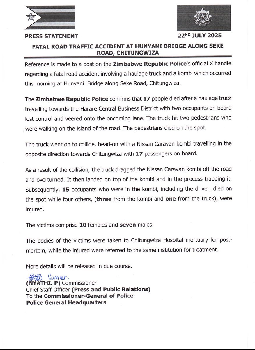 HStvNews's tweet image. Following the tragic accident today along Seke Road today, the police @PoliceZimbabwe have released a statement. 17 people sadly lost their lives.