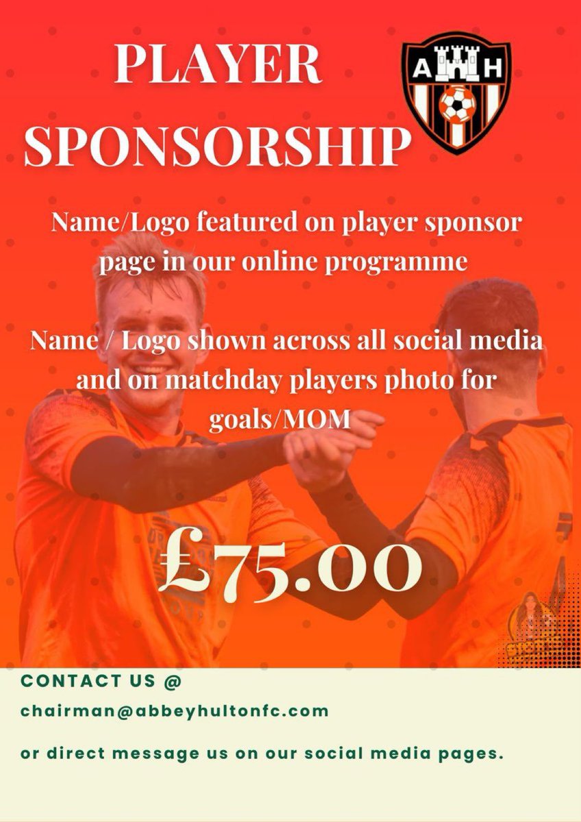 HultonUtd's tweet image. 🚨🚨 Player sponsorship packages still available. 🚨🚨
This is a great opportunity to have a name or logo across all social media , also read out on matchdays.
This would also be alongside any photos.
If you would be interested please contact us on one of the options below.…
