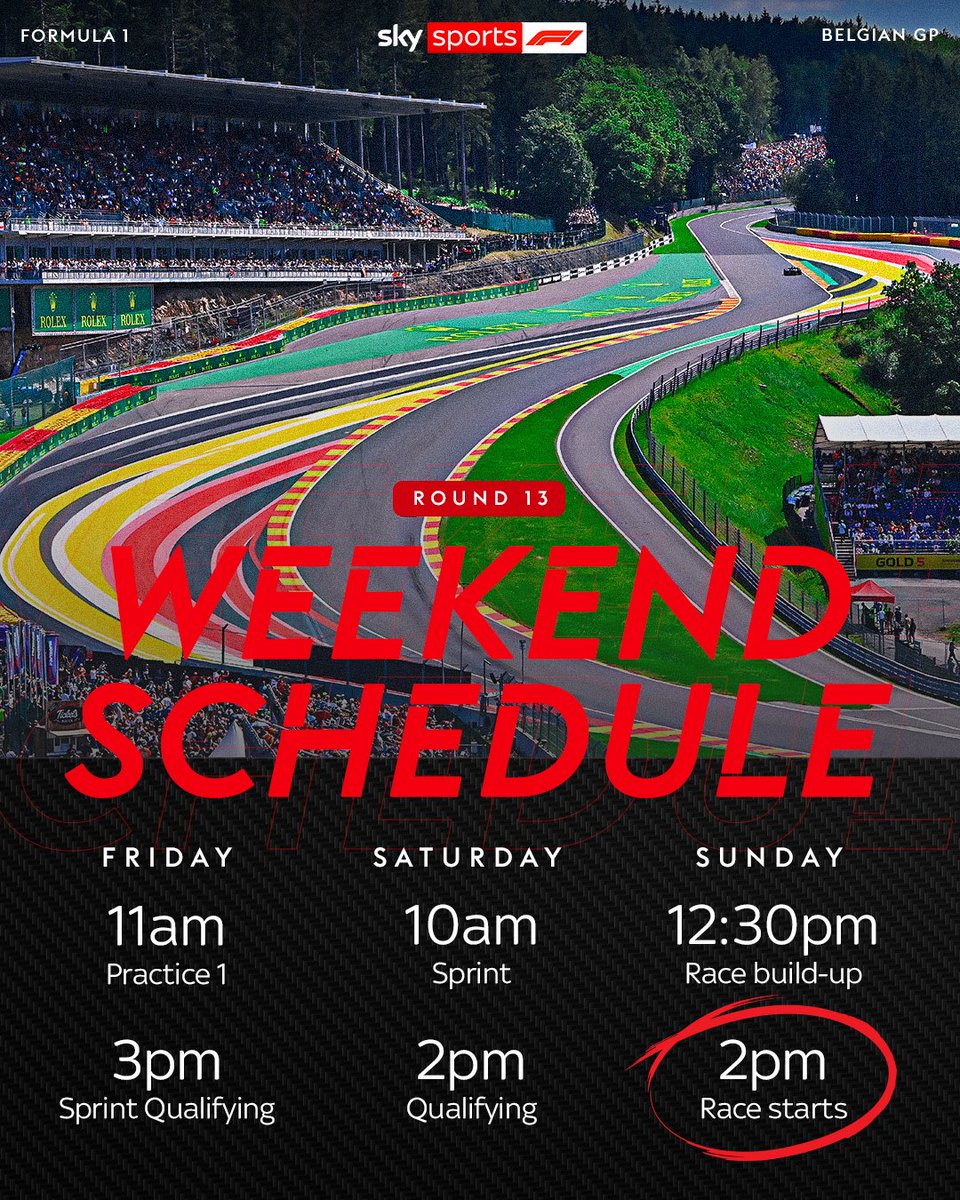 SkySportsF1's tweet image. All the on-air times you need to know for this weekend's Belgian Grand Prix 🏎️🇧🇪