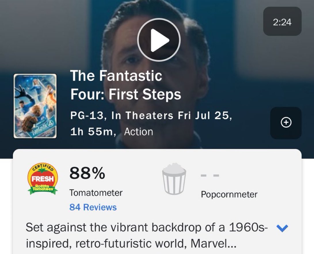 F4sUpdate's tweet image. ‘THE FANTASTIC FOUR: FIRST STEPS’ is officially Certified Fresh on Rotten Tomatoes with 88%.