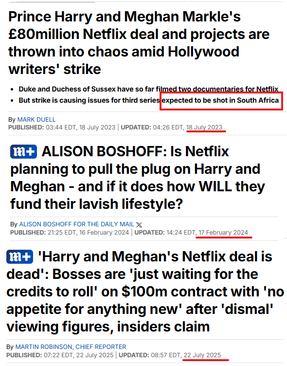 Nicomac_666's tweet image. FUN FACT: According to the Daily Mail Harry & Meghan's 20, 80 , 100 Million deal (They still don't know the amount) has been dead since 2023, 2024 and now 2025. 🤡. Also in 2023, Prince Harry was suppose to be filming a Documentary in Africa, where did it go?🤷♂️
