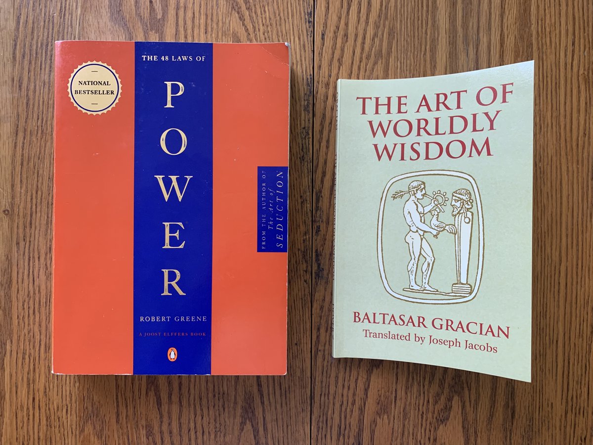 ChivalryGuild's tweet image. The gazillions of people who read the book on the left should have been shown the book on the right instead.
Greene's schtick is clever and kind of funny for a few minutes, but his book is just a mass-market imitation of Gracian's more sophisticated work.
"Be ye therefore wise…