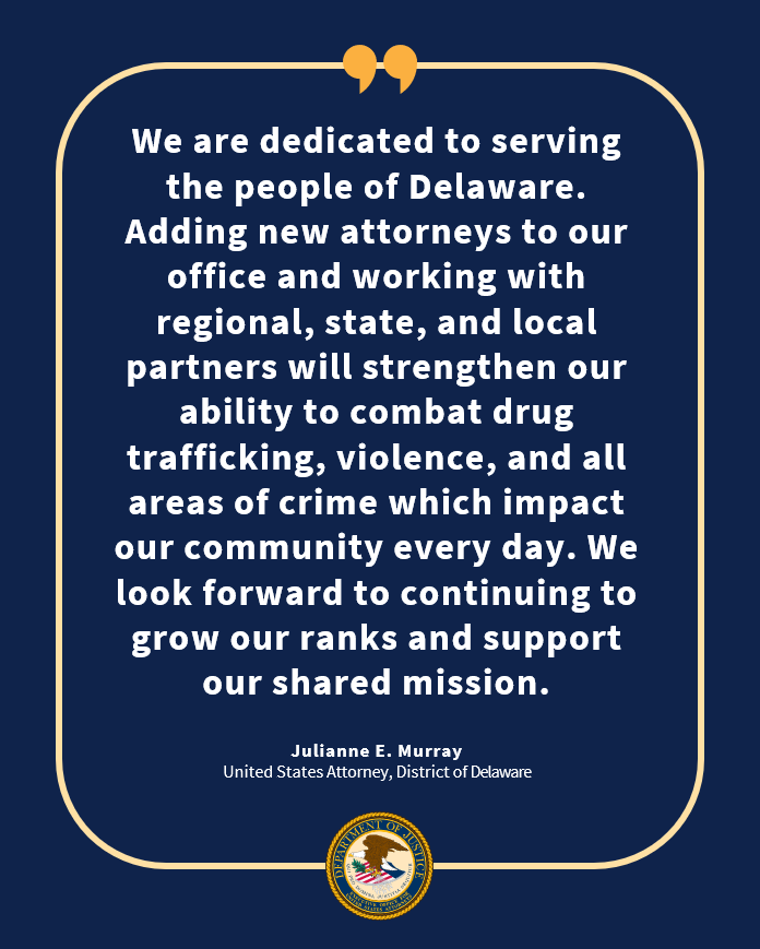 USAO_DE's tweet image. In partnership with the @cityofwilmde & @lmahidta #USAO_DE welcomed a new SAUSA this week to help combat drug crime & protect our local & regional community. #USAO_DE is currently seeking candidates interested in combatting violent crime, fraud, cybercrime, drug trafficking, &…