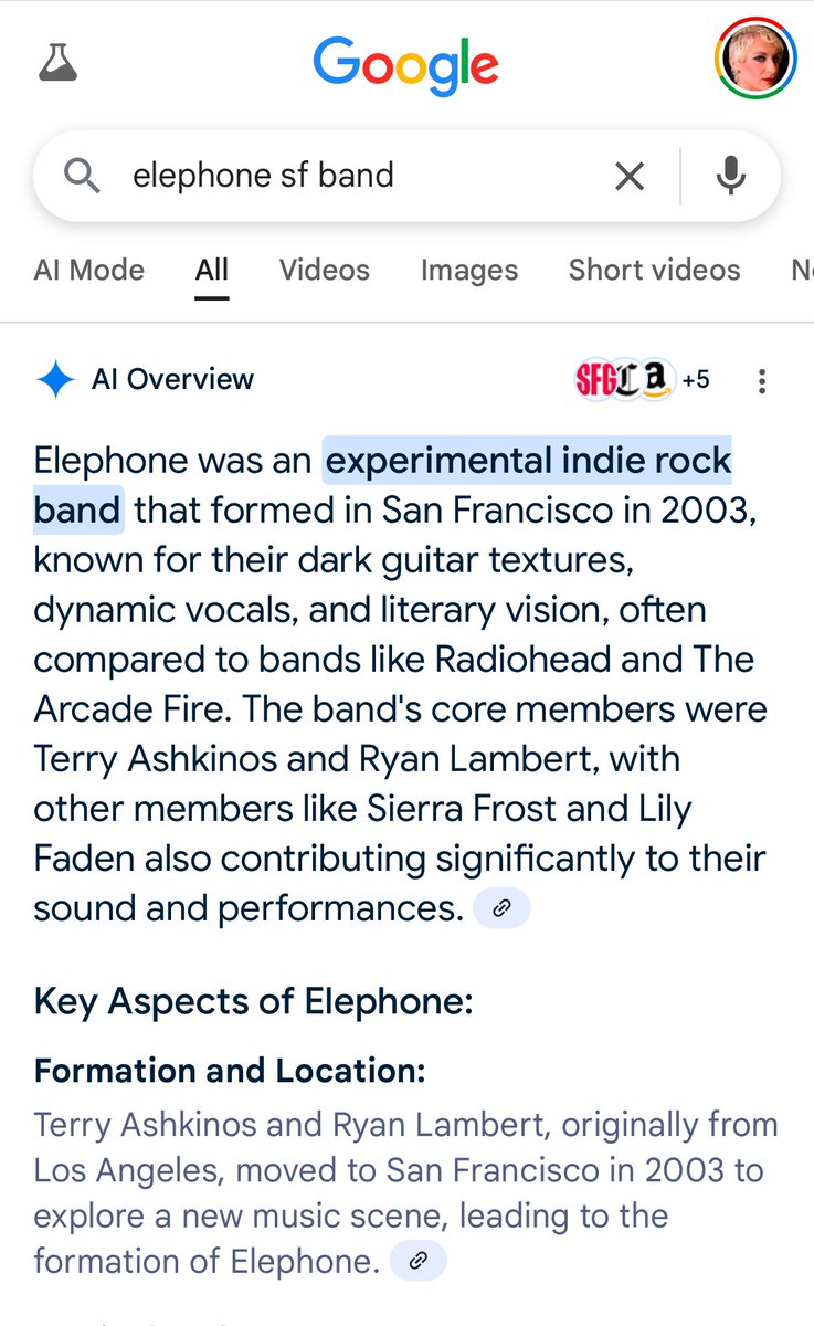 lilyraynyc's tweet image. Awww, AI Overviews knows one of my old bands (thatβs my former name) π₯Ήπ₯