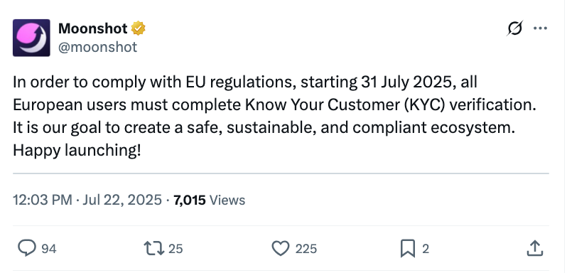 TheCryptoCentel's tweet image. BREAKING NEWS: Moonshot to require European users to KYC before launching.