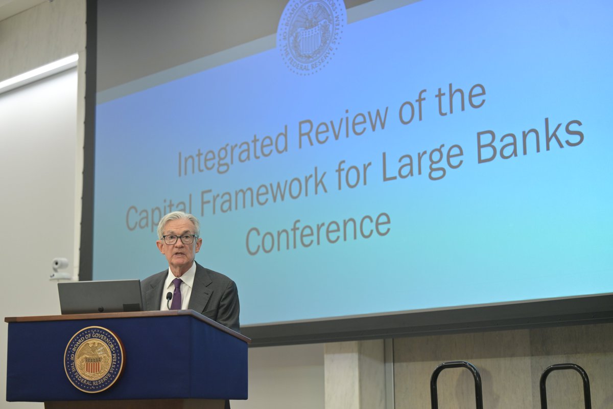 federalreserve's tweet image. On July 22, 2025, Chair Powell delivered opening remarks at the Integrated Review of the Capital Framework for Large Banks Conference: federalreserve.gov/newsevents/spe…