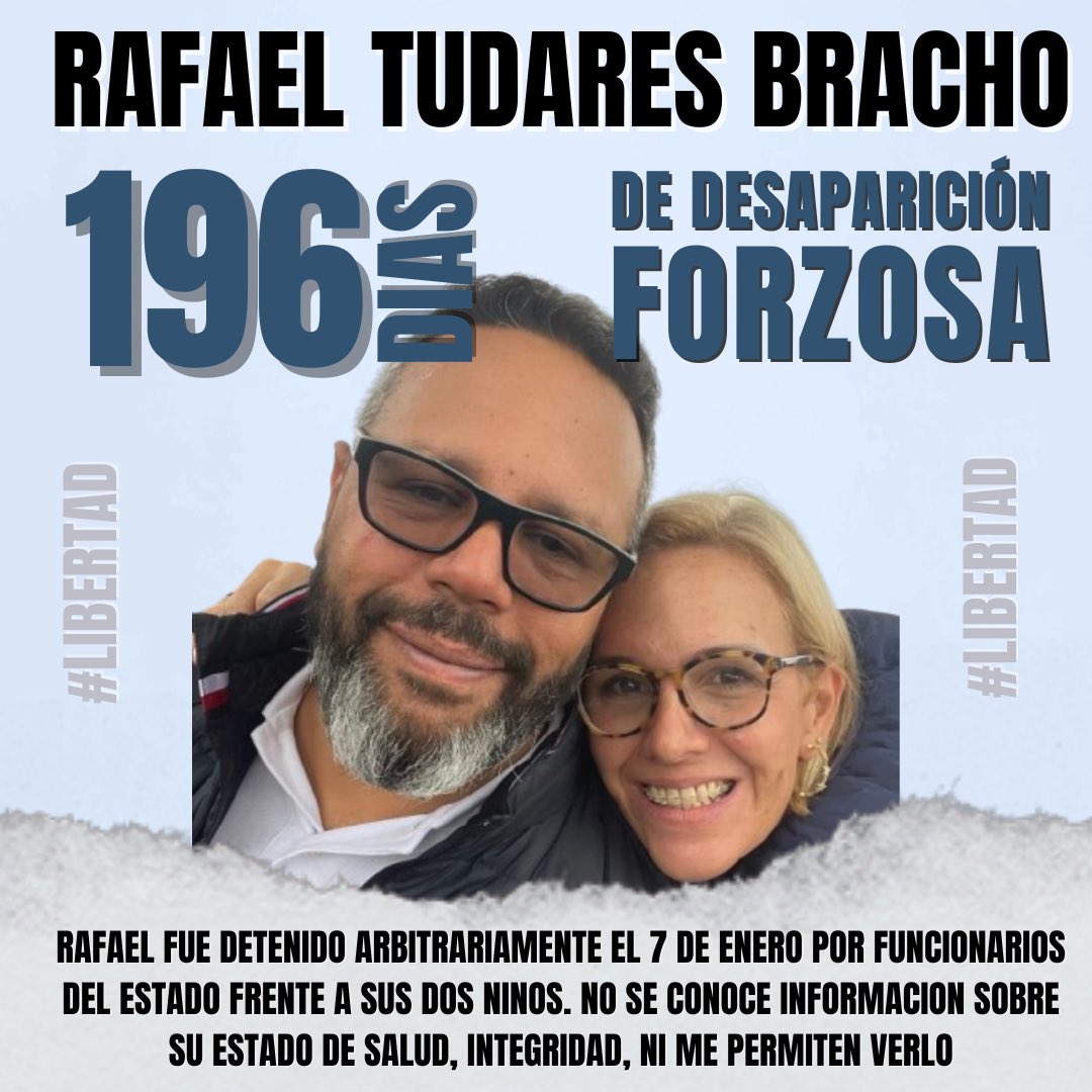 MarianaGTudares's tweet image. 196 días desde la Detención Arbitraria y Desaparición Forzada de mi esposo Rafael Tudares Bracho.
Exijo una fe de vida de Rafael porque no se me permite saber sobre su situación, integridad, vida y salud, a pesar que ese es su derecho conforme al Art. 44.2 de la Constitución.