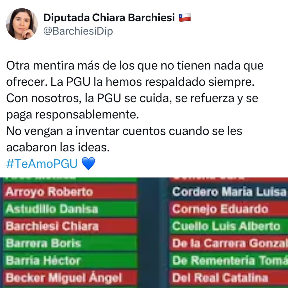 Chiara Barchiesi <a href="/BarchiesiDip/">Diputada Chiara Barchiesi 🇨🇱</a>: La PGU la hemos respaldado siempre

Pero votaste en contra pos mentirosa culia 🐀