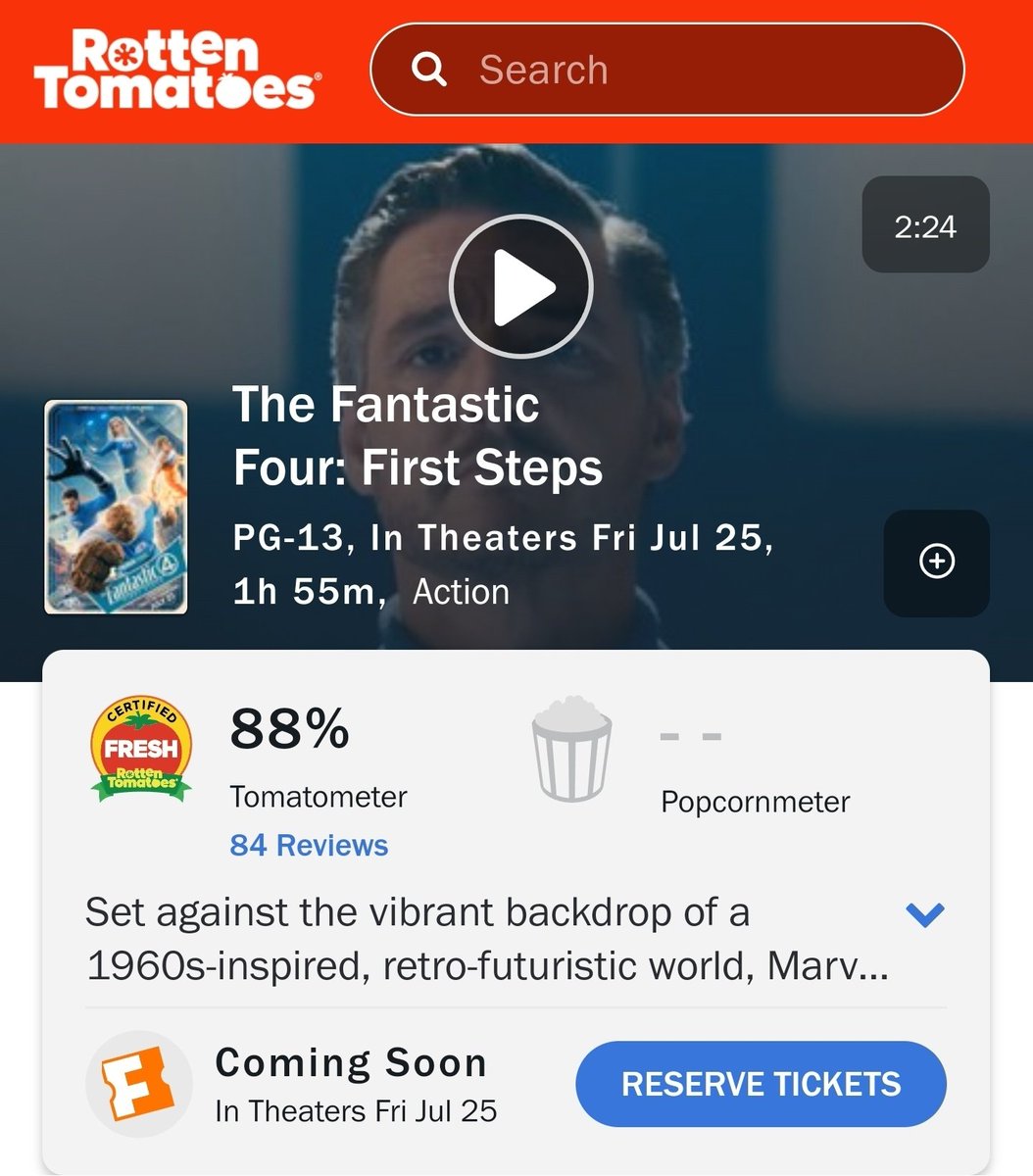 MyTimeToShineH's tweet image. ‘THE FANTASTIC FOUR: FIRST STEPS’ debuts at 88% on Rotten Tomatoes and is currently Certified Fresh
Thoughts?