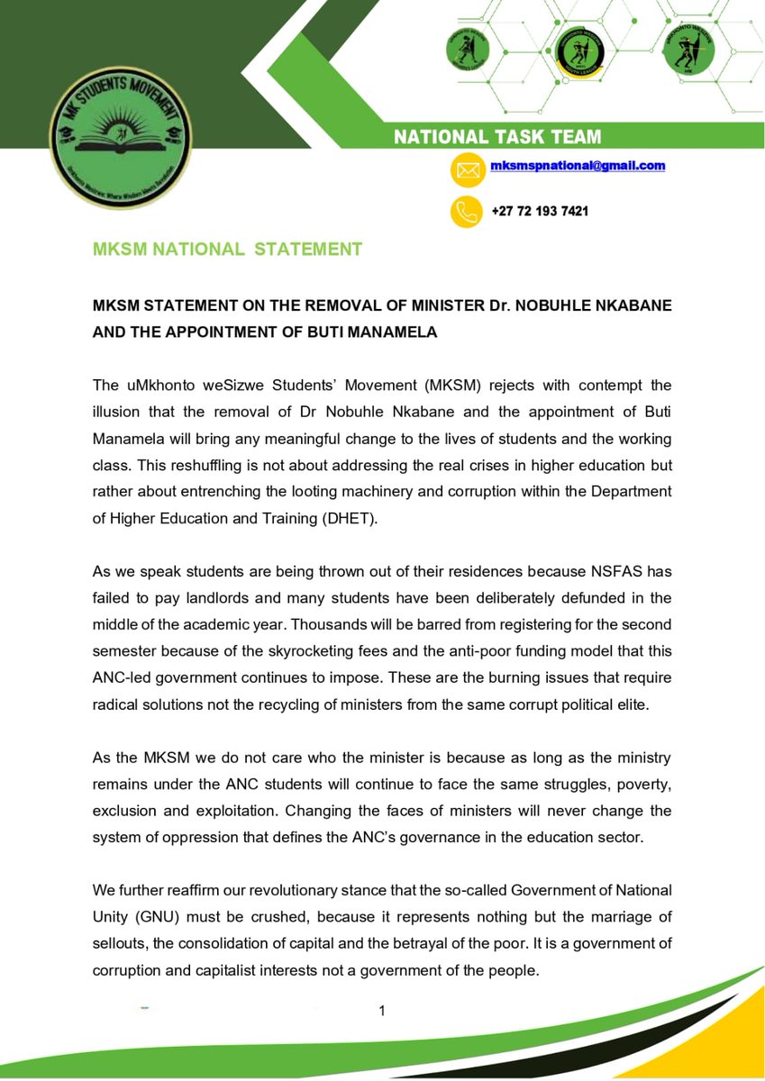 MKSM_Official's tweet image. We reject the illusion of change through reshuffling ministers while students remain defunded, excluded, and abandoned. The ANC’s recycled elite will not solve the crisis in HE.
The so-called GNU is a betrayal of the poor, and MKSM will not be pacified by political theatre.