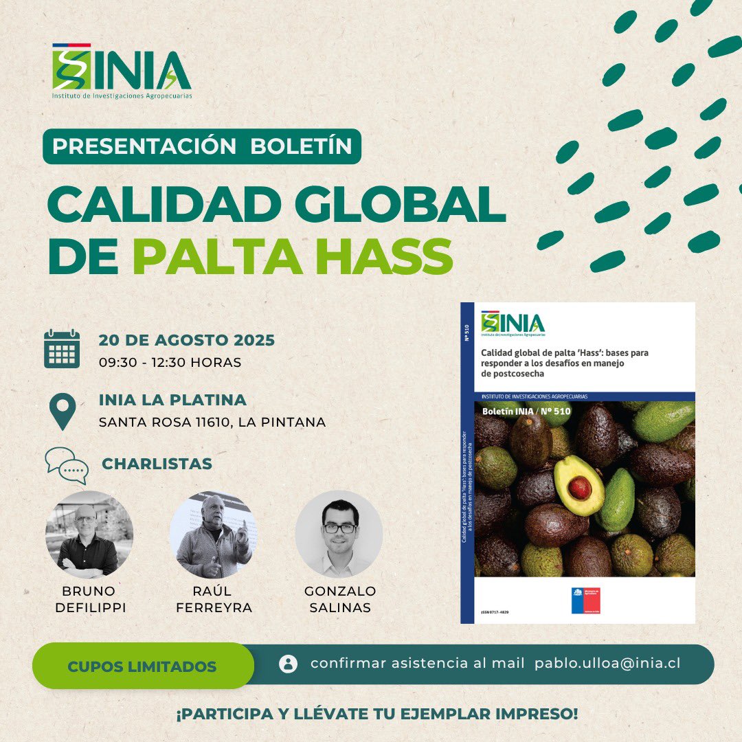 INIALaPlatina (@inialaplatina) on Twitter photo 🥑 Productores de palta: INIA presenta boletín “Calidad global de palta Hass” 📘 20/ago, 09:30 h en INIA La Platina. Registro: pablo.ulloa@inia.cl ✅ 🥑 Productores de palta: INIA presenta boletín “Calidad global de palta Hass” 📘 20/ago, 09:30 h en INIA La Platina. Registro: pablo.ulloa@inia.cl ✅