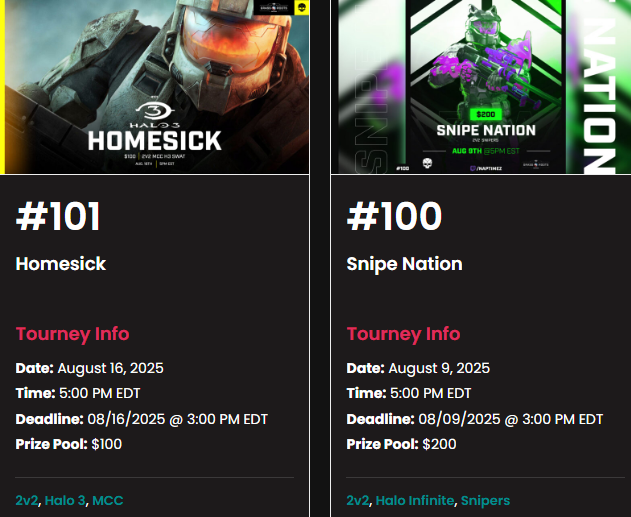 August is around the corner! 💫

🚨Two new tourney's open for registration!🚨

💫 SNIPE NATION: 2v2 Infinite Snipes
       🗓️Saturday August 9th 5pm EST

💫Homesick: 2v2 H3 SWAT
       🗓️Saturday August 16th 5pm EST

📝swatnation.net/main-event/