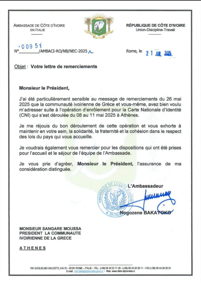Merci a S.E. Mme Nogozène BAKAYOKO, Ambassadeur de Côte d'Ivoire en Italie pour ce beau courrier.

Je suis un président heureux et fier des accomplissements historiques avec ma communauté en Grèce.