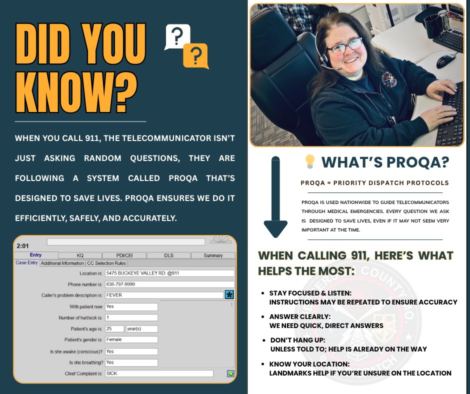 JeffcoMO_911's tweet image. 📞 Did you know 911 call-takers follow a life-saving system called PROQA?
✅ Every question has a purpose.
🧠 Stay focused, answer clearly, &amp;amp; don’t hang up — help is already on the way.
#911DidYouKnow #Jeffco911MO #KnowWhatToExpect