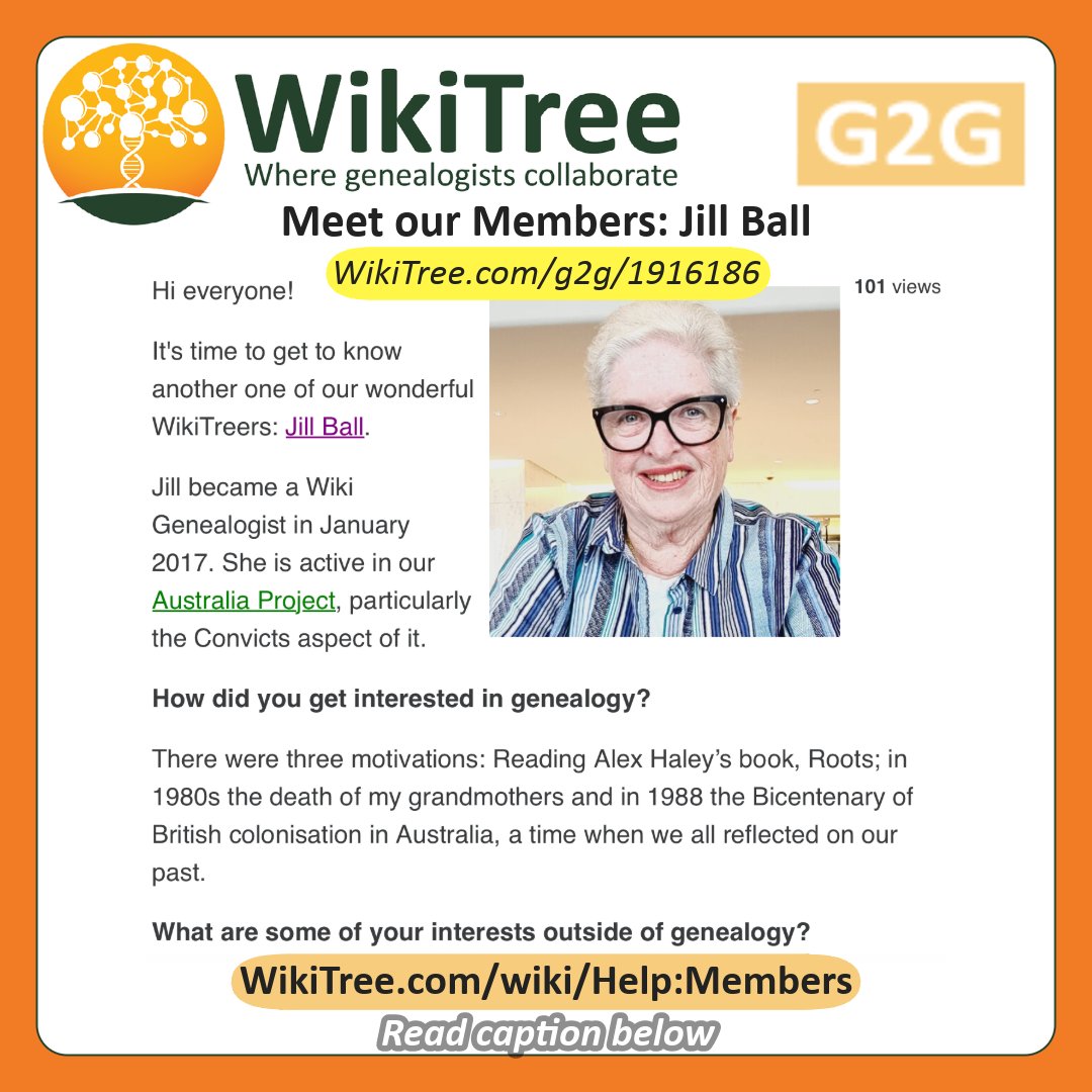 WikiTreers's tweet photo. #WikiTreeMeetOurMembers: Jill Ball @geniaus
We're celebrating Jill this week for her awesome contributions to our #CollaborativeGenealogy community. π
Read more about her WikiTree journey: https://t.co/m0aznhAxz9
#WonderfulWikiTreers https://t.co/AqXngy2IBl