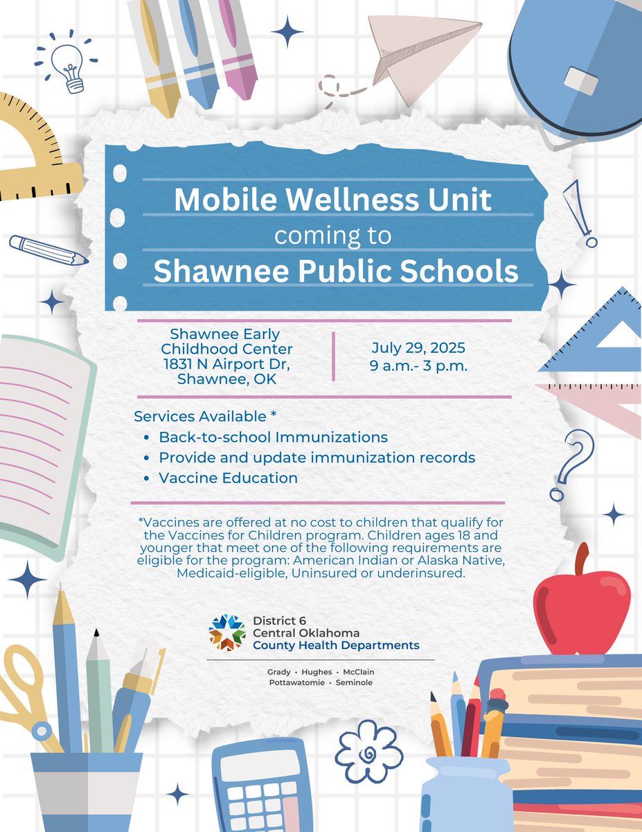 ShawneePublic's tweet image. The Caring Van is coming to our enrollment sites to help make back-to-school easier for families!
Immunizations will be available at no cost for children who qualify for the Vaccines for Children program.
Let’s start the school year healthy and ready to learn, Wolves! 🐾💙