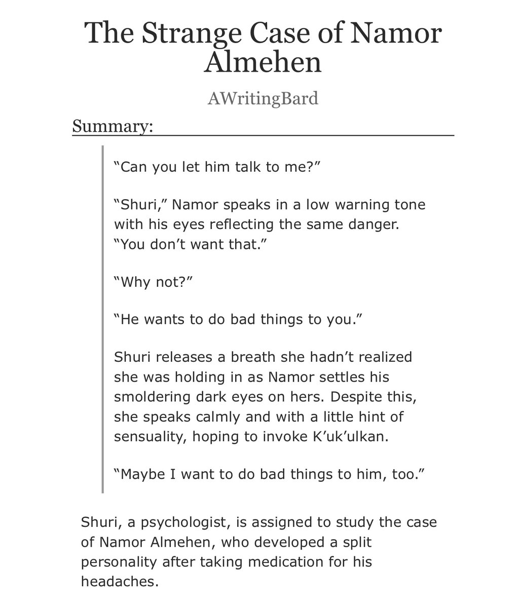 bard_writes's tweet image. For @NashuriWeek Day 2 “Alternate Universe”
The Strange Case of Namor Almehen, a Dr. Jekyll & Mr. Hyde AU
archiveofourown.org/works/67975716
