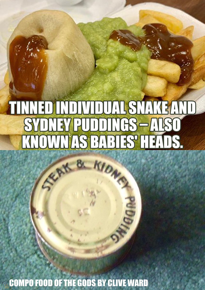 CliveWardauthor's tweet image. Tinned individual Snake and Sydney Puddings – also known as Babies' heads. Another one that is up there with the best. Called babies' heads because they resembled a baby’s head arriving in the world when they came slithering out of the can.
The half cans were issued in 24-hour…