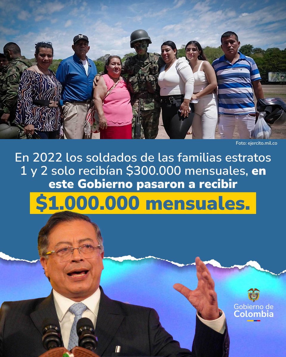 infopresidencia's tweet image. ¡Un cambio justo para quienes cuidan la Vida en Colombia!
En 2022, los soldados recibían apenas $300.000 al mes. Hoy, bajo el Gobierno del Presidente @PetroGustavo, su asignación subió a $1.000.000 mensuales, impulsando su dignidad. A partir del 2026, se les pagará un salario…