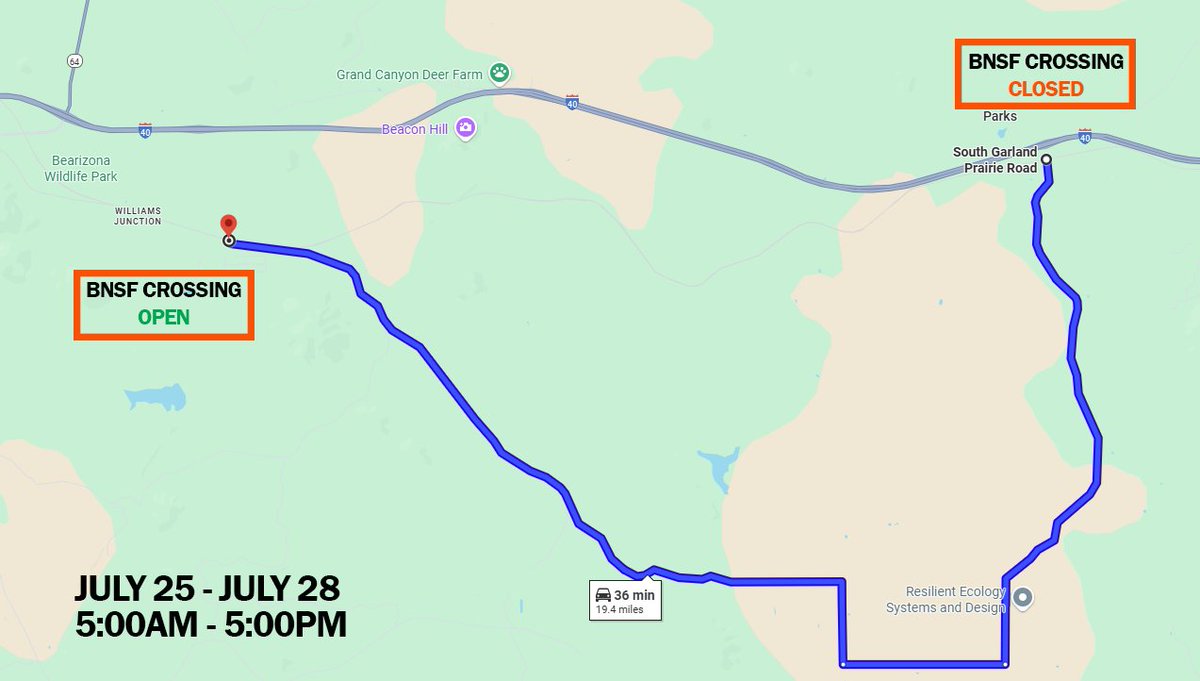 CoconinoCounty's tweet image. Burlington Northern Santa Fe Railway (BNSF) has informed Coconino County that it will temporarily close the railroad crossing on Garland Prairie Road in Parks for emergency repair work from Friday, July 25 through Monday, July 28. Daily closures will be in effect from 5 a.m. to 5…