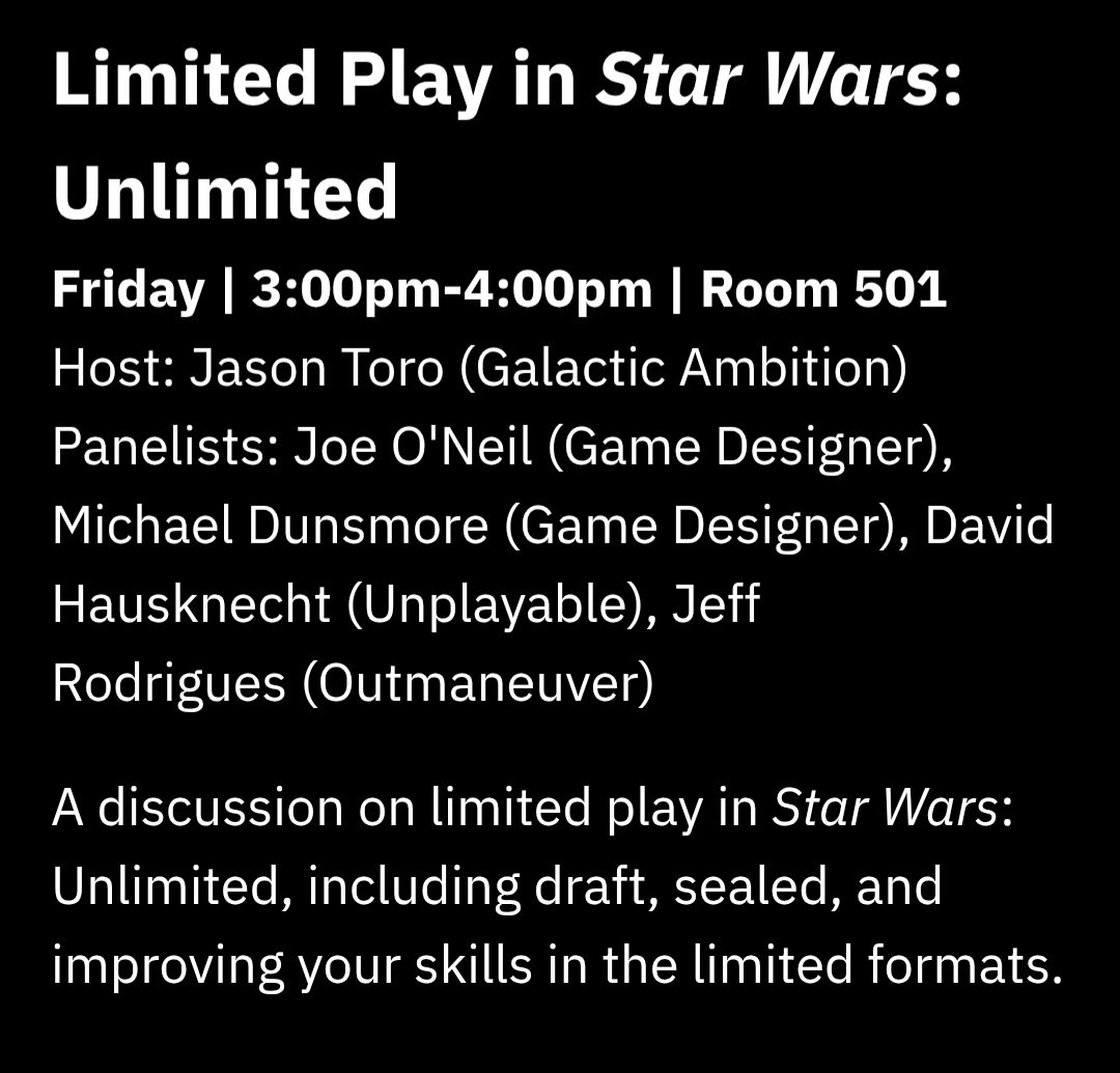 MaindeckGames's tweet image. If you are heading to the Galactic this week, don't miss @Gutsman85's panel on Limited, one of the best ways to play Unlimited!