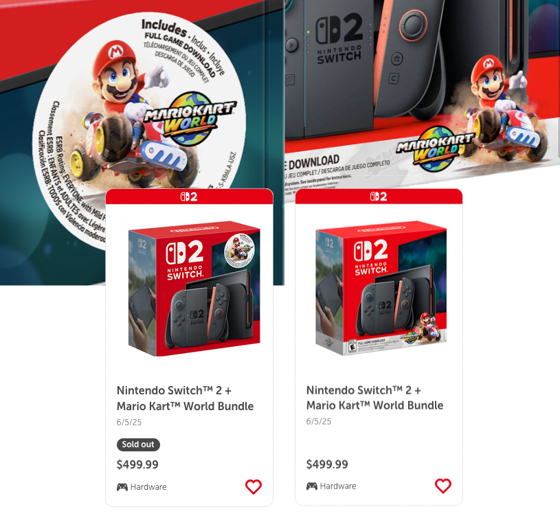 Nintendeal's tweet image. Nintendo has sold through their initial stock of Switch 2 consoles that had a download code for Mario Kart World inside with a sticker applied to the box. They're now only selling the no-sticker version with no download code inside (but still a full download of the game).