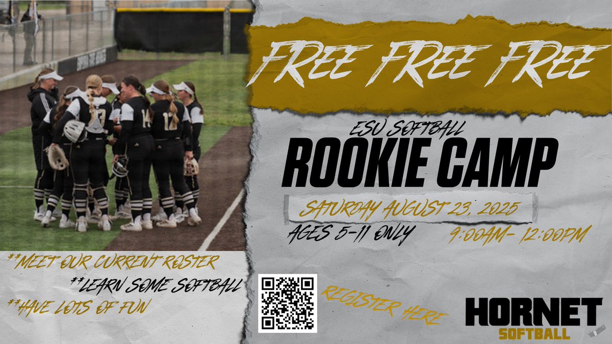 *FREE FREE FREE* ESU Softball is hosting a free Rookie Camp for ages 5-11. Come hang out with us from 9am-12pm and have loads of fun with a little bit of softball mixed in! The full roster of ESU players will be there to run the camp! Sign up now shorturl.at/seQTE