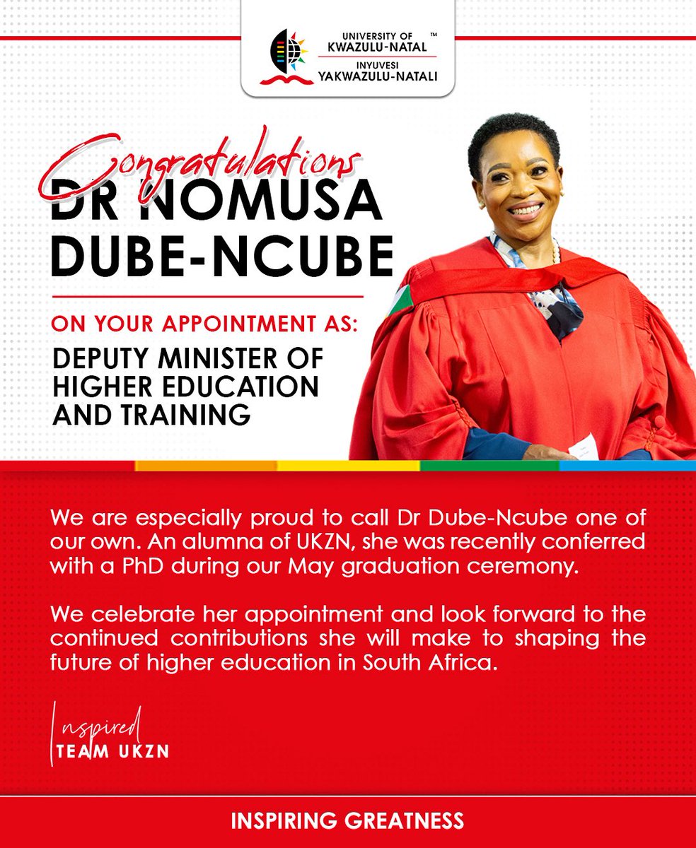 Congratulations Dr Nomusa Dube-Ncube 🙌🥳

We are especially proud to call Dr Dube-Ncube one of our own. An alumna of UKZN, she was recently conferred with a PhD during our May graduation ceremony. 

We celebrate her appointment and look forward to the continued contributions she