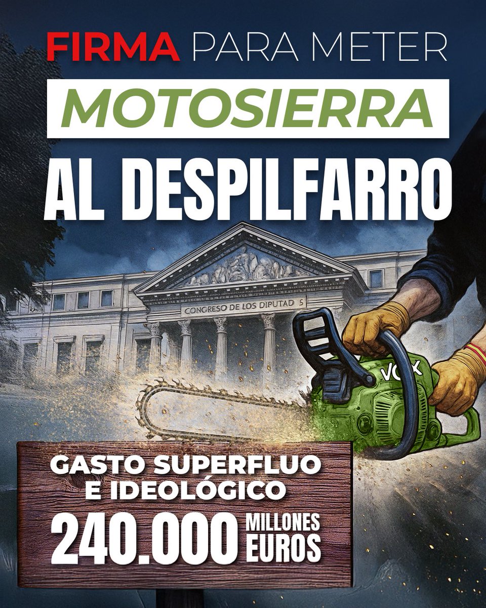 Sí.

VOX va a pasar MOTOSIERRA a los 240.000 millones de euros de gasto superfluo e ideológico que despilfarra el Gobierno al año.

📝 FIRMA para aplicar #LaMotosierraDeVOX: 

accion.voxespana.es/gastosuperfluo

🔄 COMPARTE para que lo sepa toda España.