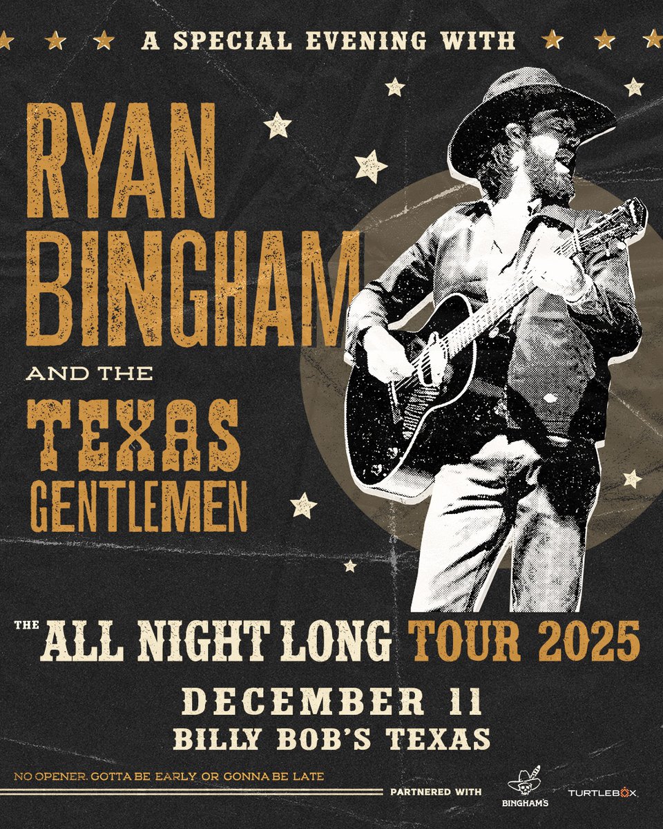BillyBobsTexas's tweet image. JUST ANNOUNCED 🤠
@RyanBingham & the Texas Gentlemen are headed to the World's Largest Honky Tonk on Thursday, December 11.
Tickets go on sale THIS FRIDAY at 10 AM CST!