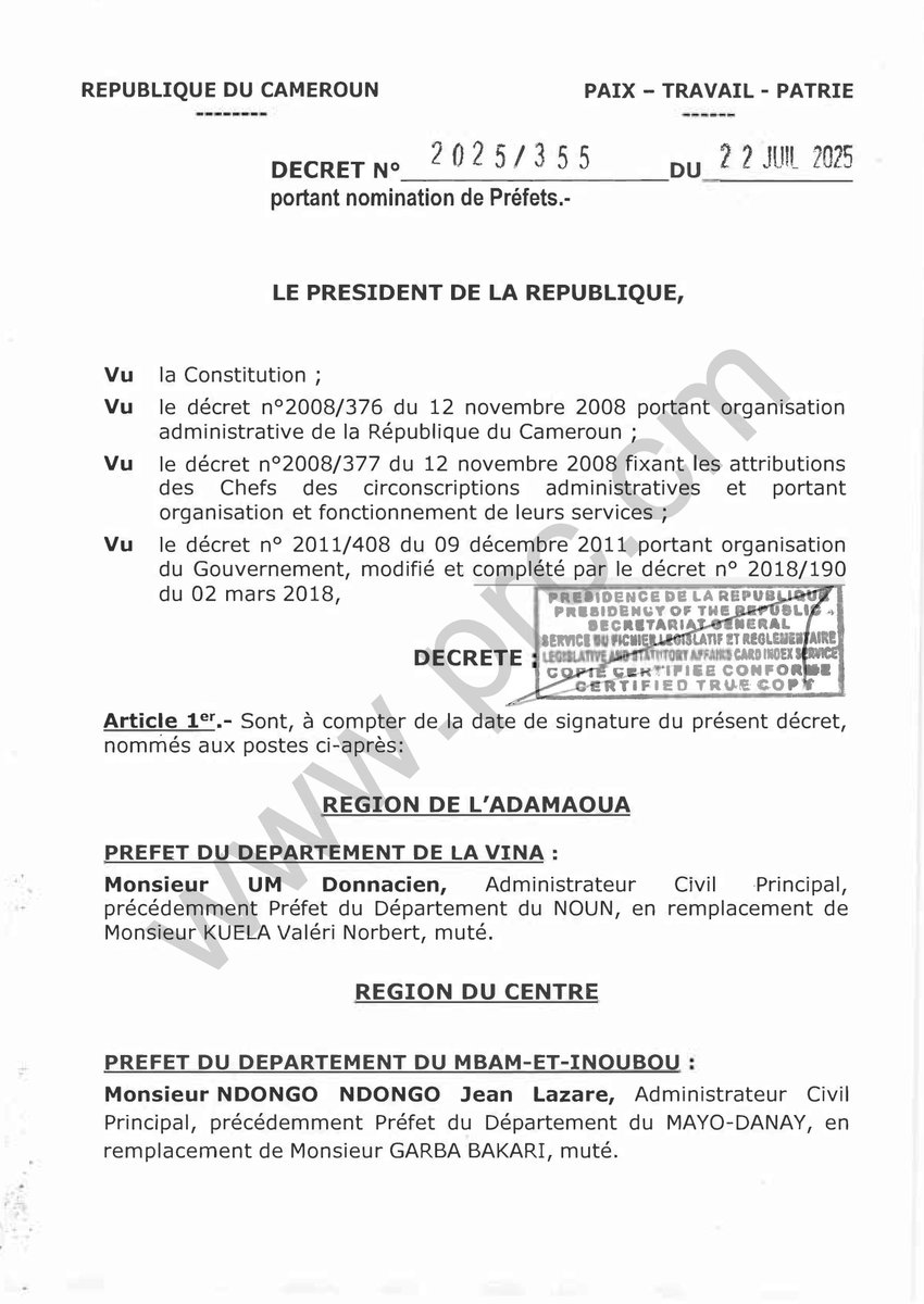 PR_Paul_BIYA's tweet image. Décret portant nomination de Préfets.
#PaulBiya
#Cameroun