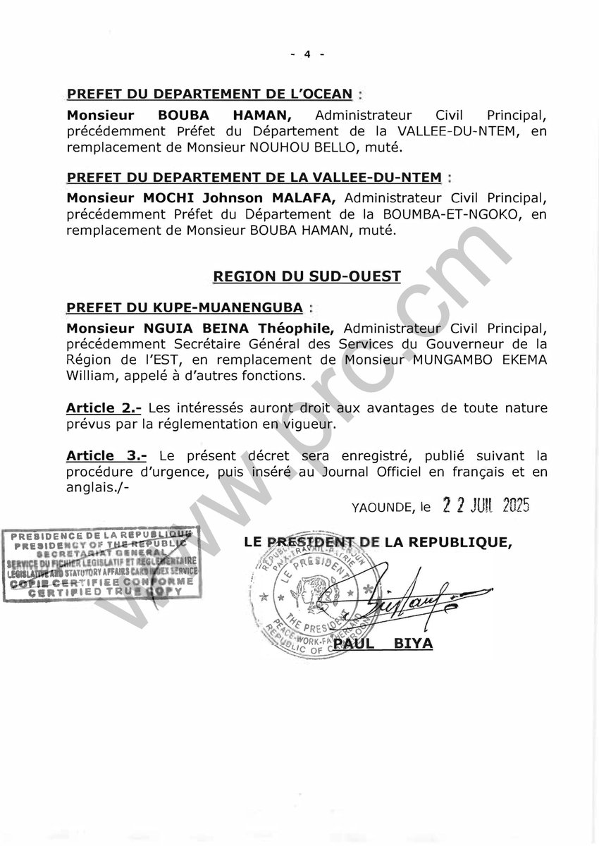 PR_Paul_BIYA's tweet image. Décret portant nomination de Préfets.
#PaulBiya
#Cameroun