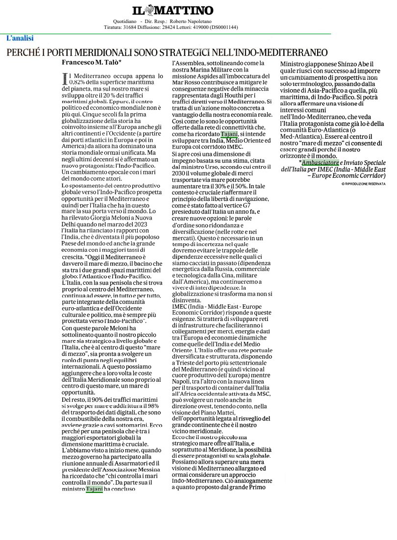 Giulio Terzi (@giulioterzi) on Twitter photo "Perchè i porti meridionali sono strategici nell'Indo-Mediterraneo"
Puntuale e dettagliata analisi dell'Amb. <a href="/francescom_talo/">Francesco M. Talo'</a> per il <a href="/mattinodinapoli/">Il Mattino</a>
<a href="/FratellidItalia/">Fratelli d'Italia 🇮🇹</a> <a href="/fdieuropa/">Fratelli d'Italia - ECR Parlamento Europeo</a> <a href="/theglobalnewsit/">The Global News</a> "Perchè i porti meridionali sono strategici nell'Indo-Mediterraneo"
Puntuale e dettagliata analisi dell'Amb. <a href="/francescom_talo/">Francesco M. Talo'</a> per il <a href="/mattinodinapoli/">Il Mattino</a>
<a href="/FratellidItalia/">Fratelli d'Italia 🇮🇹</a> <a href="/fdieuropa/">Fratelli d'Italia - ECR Parlamento Europeo</a> <a href="/theglobalnewsit/">The Global News</a>