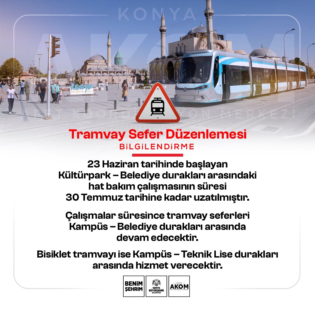 🚧 23 Haziran tarihinde başlayan Kültürpark – Belediye durakları arasındaki hat bakım çalışmasının süresi 30 Temmuz tarihine kadar uzatılmıştır.

🚋 Çalışmalar süresince tramvay seferleri Kampüs – Belediye durakları arasında devam edecektir.

🚴 Bisiklet tramvayı ise Kampüs –