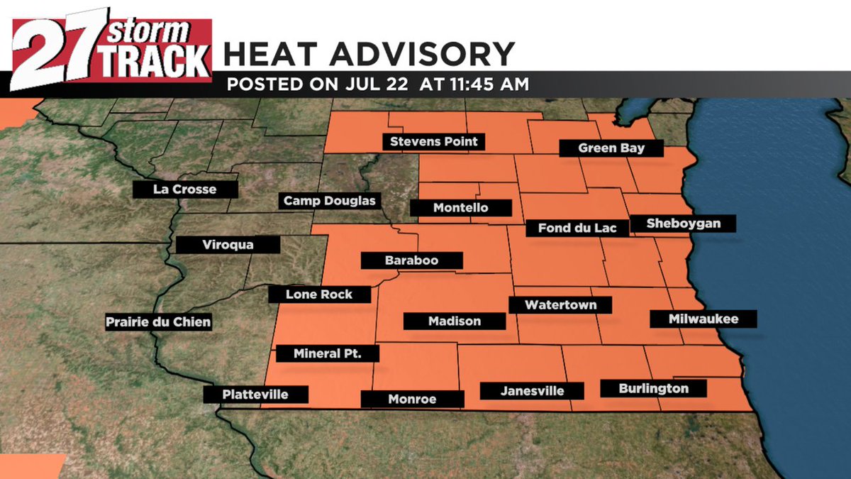 27StormTrack's tweet image. A Heat Advisory has been issued for the highlighted counties until Jul 23 8:00PM. Watch WKOW for the latest information.