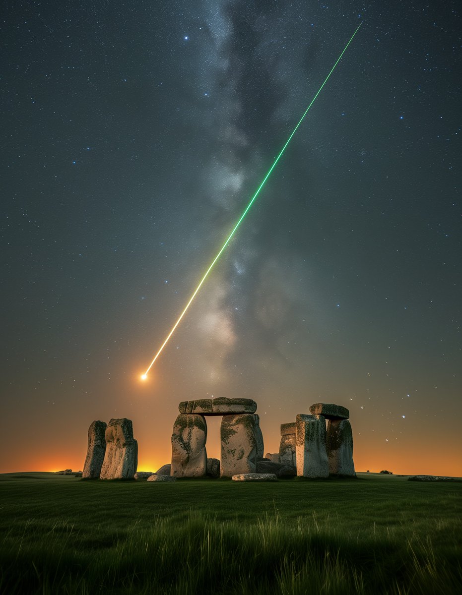 ShiningScience's tweet image. It happened for just a few seconds…
A one-in-a-million shot. Meteor and Milky Way in the same frame over Stonehenge 🌍⏳