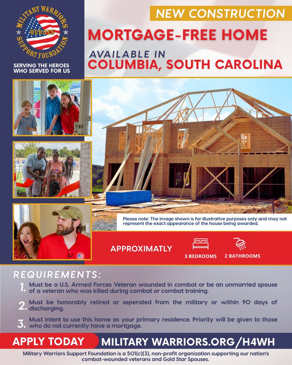 A mortgage-free, new construction home (approx. 3 bed/2 bath) is coming to Columbia, SC for a combat-wounded veteran or Gold Star spouse. More info coming soon!

#ColumbiaVeterans #FortJackson #GoldStarSpouses #CombatWounded #MilitaryWarriors