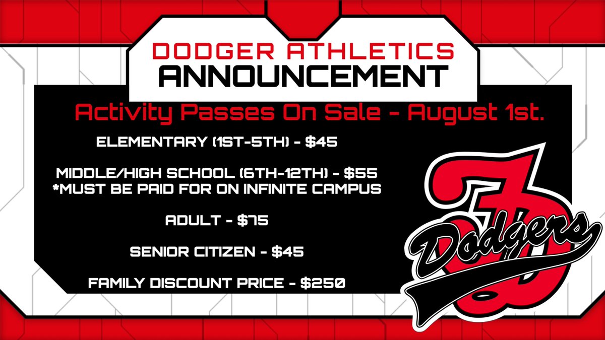 Activity passes will go on sale starting August 1st. Come to the High School to purchase them. We will accept cash or check at this time.