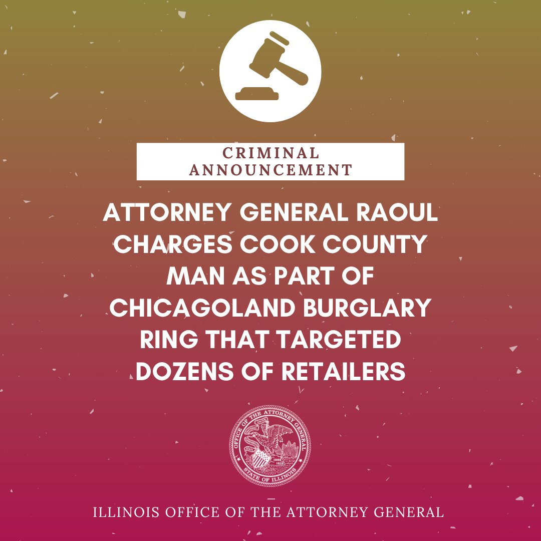 ILAttyGeneral's tweet image. These charges are the result of collaboration between more than two dozen law enforcement agencies and my office’s Organized Retail Crime Task Force. This burglary ring impacted several businesses, stealing more than $1 million in merchandise and cash: tinyurl.com/5ay2442t