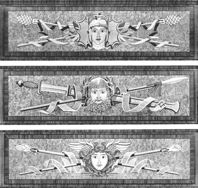 EsotericSaxon's tweet image. Adolf Hitlers desk in the Reich Chancellery. The three panels are of Athena, Ares and Medusa