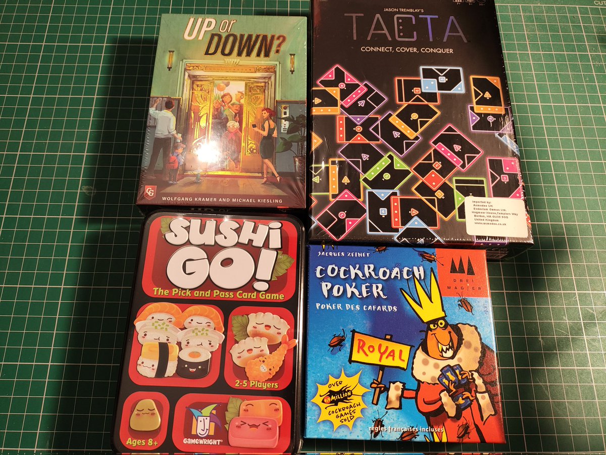 New Stock: Up or Down?, Tacta, Sushi Go! and Cockroach Poker Royal.
#boardgames #boardgaming #tabletopgames #tabletopgaming #newstock