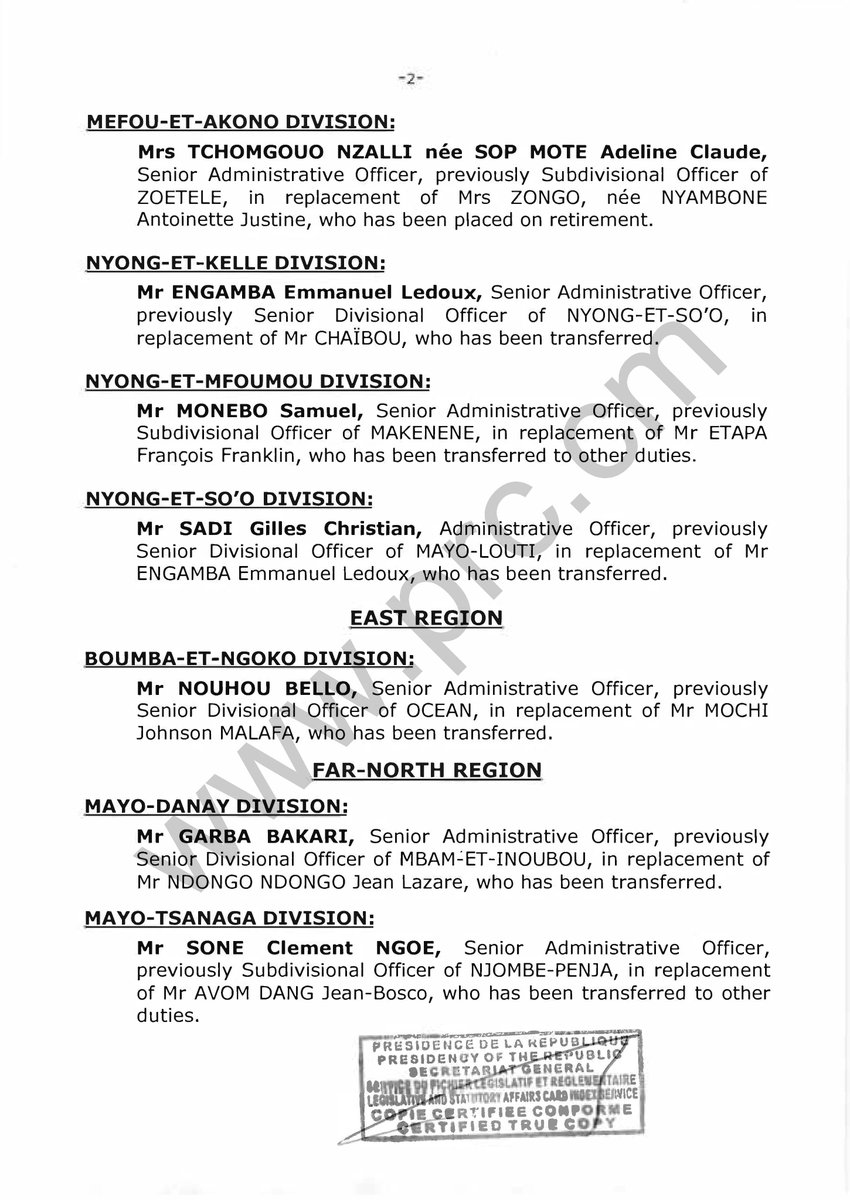 PR_Paul_BIYA's tweet image. Decree to appoint Senior Divisional Officers.
#PaulBiya
#Cameroon